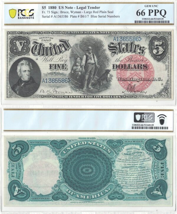 1880 $5 Legal Tender Note Fr-73 PCGS Gem CU-66 PPQ