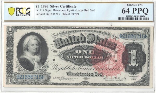 1886 $1 Silver Certificate Fr-217 PCGS Choice CU-64 PPQ - Image 2
