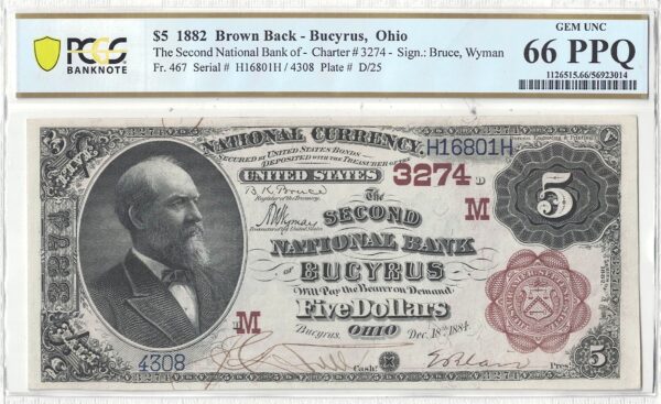 1882 $5 Bucyrus, Ohio Charter 3274 PCGS Gem CU-66 PPQ - Image 2