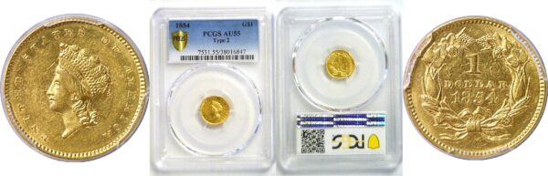 1854 T-2.  One Dollar Gold Coin.  -   PCGS AU-55