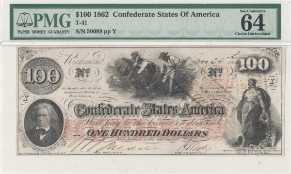 1862 $100 Confederate Note T-41 PMG Choice CU-64 EPQ - Image 2