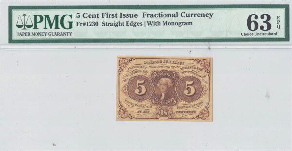 5 Cent 1st Issue Fractional Currency Fr-1230 PMG Choice CU-63 EPQ - Image 2