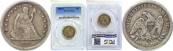 1862-S Seated Liberty Quarter  -  PCGS VF-25
