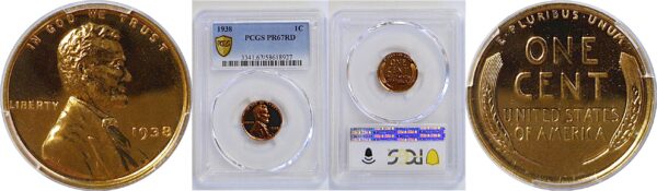 1938 Lincoln Cent  -  PCGS PR-67 RD
