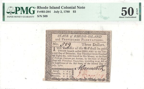 7/2/1780 Three Dollars Rhode Island Fr RI-284 PMG AU-50 EPQ - Image 2