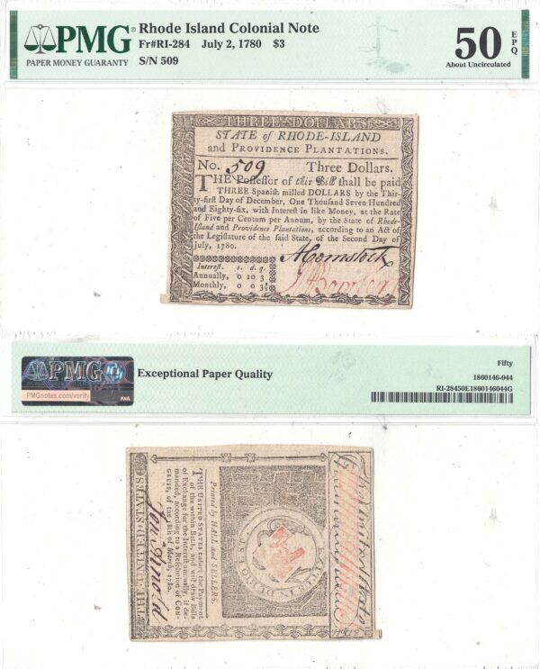 7/2/1780 Three Dollars Rhode Island Fr RI-284 PMG AU-50 EPQ