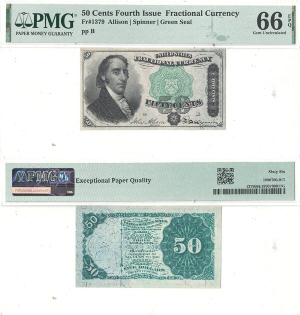 50 Cent Fourth Issue Fractional Currency Fr-1379 PMG Gem Cu-66 EPQ