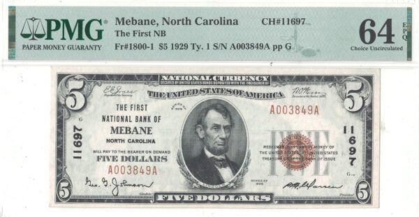 1929 $5 North Carolina, Mebane Charter 11697 PMG Choice CU-64 EPQ - Image 2