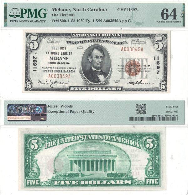 1929 $5 North Carolina, Mebane Charter 11697 PMG Choice CU-64 EPQ