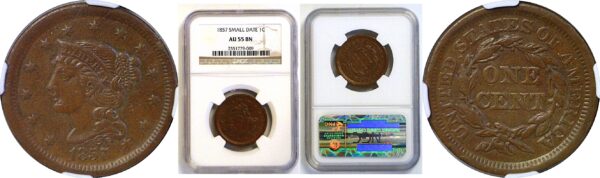 1857 Small Date.  Large Cent  -  NGC AU-55