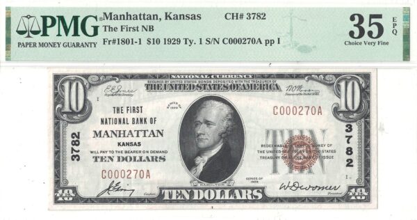 1929 $10 Manhattan, Kansas Charter 3782 PMG VF-35 EPQ - Image 2