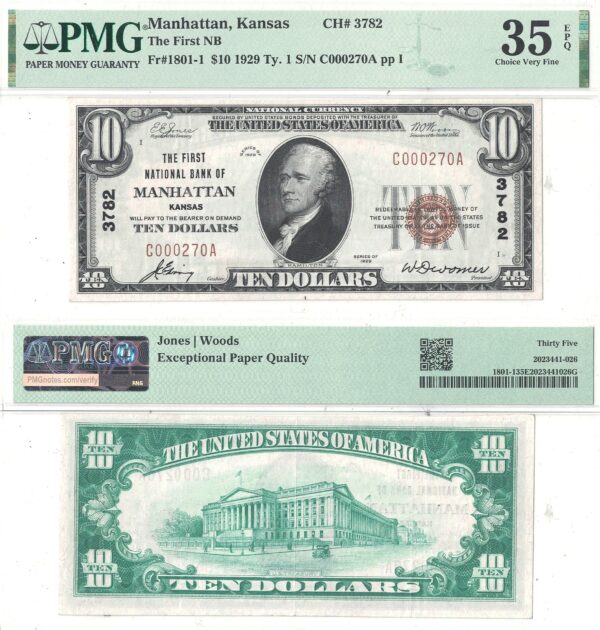 1929 $10 Manhattan, Kansas Charter 3782 PMG VF-35 EPQ
