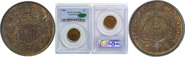 1864 Small Date.  Two Cent Piece. -  PCGS MS-64 RB. CAC