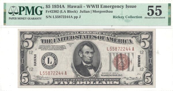 1934-A $5 Hawaii Fr-2302 PMG AU-55 - Image 2