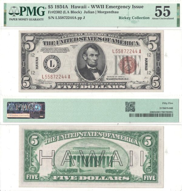 1934-A $5 Hawaii Fr-2302 PMG AU-55