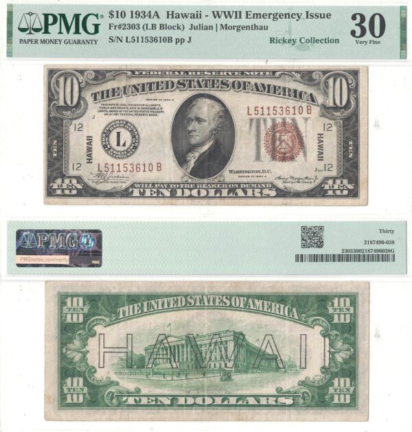1934-A $10 Hawaii Fr-2303 PMG VF-30
