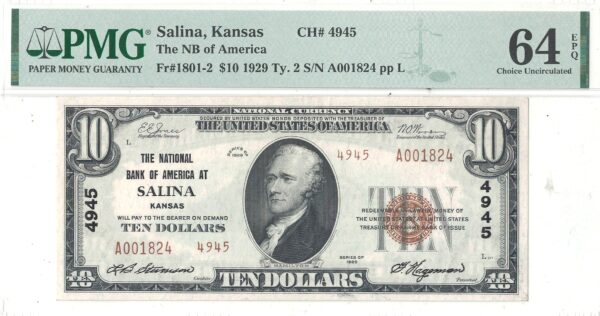 1929 $10 Salina, Kansas Charter 4945 PMG Choice CU-64 EPQ - Image 2