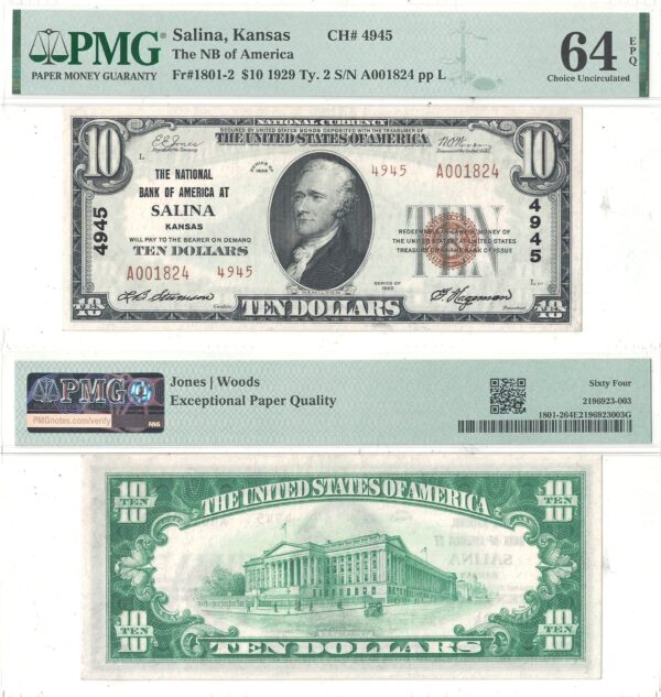 1929 $10 Salina, Kansas Charter 4945 PMG Choice CU-64 EPQ