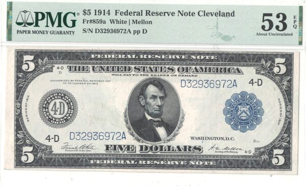 1914 $5 Federal Reserve Note Fr-859a PMG AU-53 EPQ - Image 2
