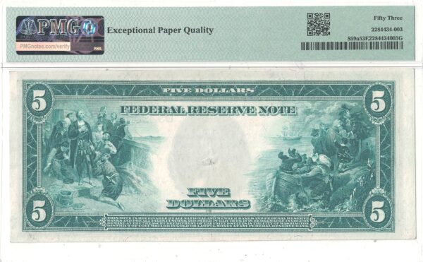 1914 $5 Federal Reserve Note Fr-859a PMG AU-53 EPQ - Image 3