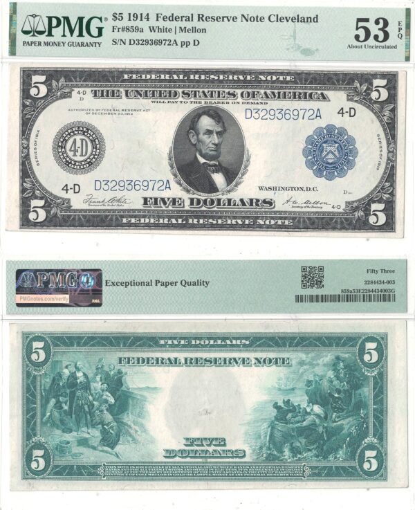 1914 $5 Federal Reserve Note Fr-859a PMG AU-53 EPQ