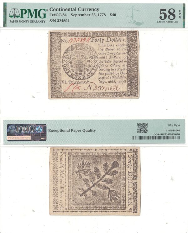 9/26/1778 Forty Dollars Continental Currency Fr CC-84 PMG AU-58 EPQ