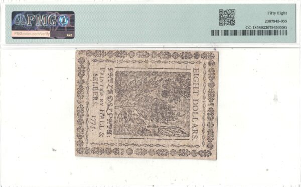11/29/1775 Eight Dollars Continental Currency Fr CC-18 PMG AU-58 - Image 3