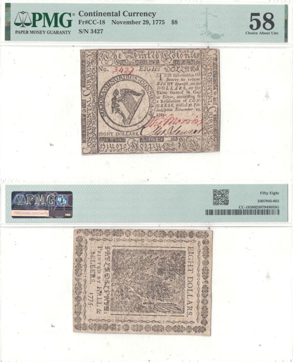 11/29/1775 Eight Dollars Continental Currency Fr CC-18 PMG AU-58