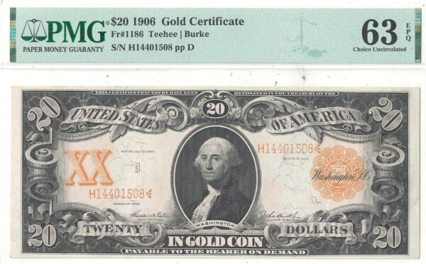 1906 $20 Gold Certificate Fr-1186 PMG Choice CU-63 EPQ - Image 2