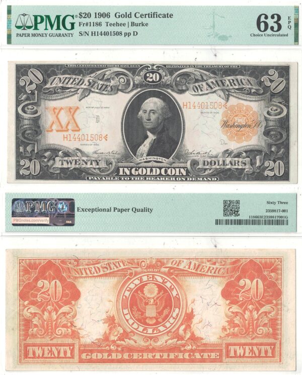 1906 $20 Gold Certificate Fr-1186 PMG Choice CU-63 EPQ