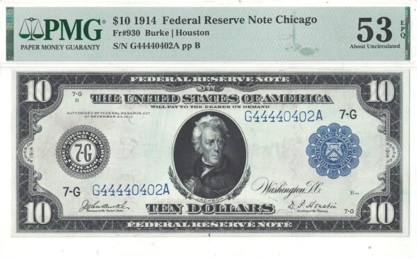 1914 $10 Federal Reserve Note Fr-930 PMG AU-53 EPQ - Image 2