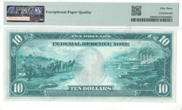 1914 $10 Federal Reserve Note Fr-930 PMG AU-53 EPQ - Image 3
