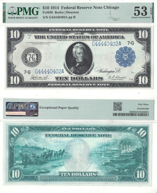 1914 $10 Federal Reserve Note Fr-930 PMG AU-53 EPQ
