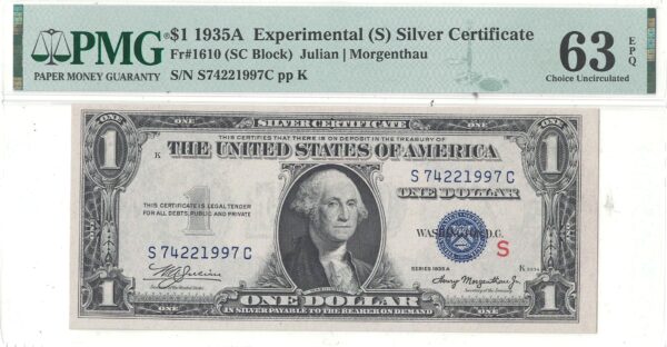 1935-A $1 Silver Certificate Experimental (S) Fr-1610 PMG CHOICE CU-63 EPQ - Image 2