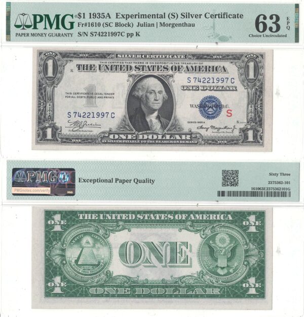 1935-A $1 Silver Certificate Experimental (S) Fr-1610 PMG CHOICE CU-63 EPQ
