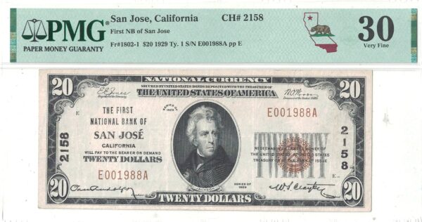 1929 $20 California, San Jose Charter 2158 PMG VF 30 - Image 2