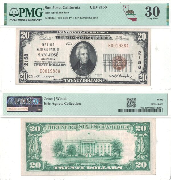 1929 $20 California, San Jose Charter 2158 PMG VF 30