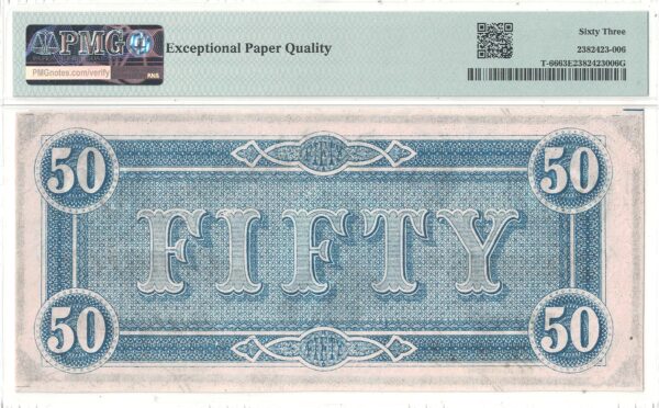 1864 $50 Confederate Note T-66 PMG Choice CU-63 EPQ - Image 3