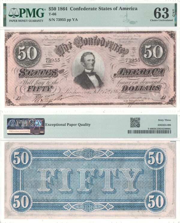 1864 $50 Confederate Note T-66 PMG Choice CU-63 EPQ
