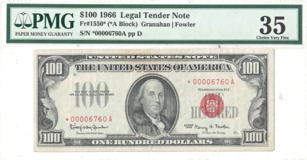1966 $100 Legal Tender Star Note Fr-1550* PMG VF-35 - Image 2