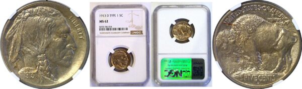 1913-D T-1.  Buffalo Nickel. -  NGC MS-62