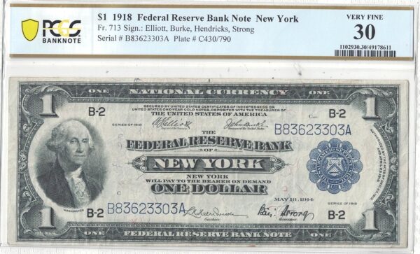 1918 $1 Federal Reserve Bank Note Fr-713 PCGS VF-30 - Image 2