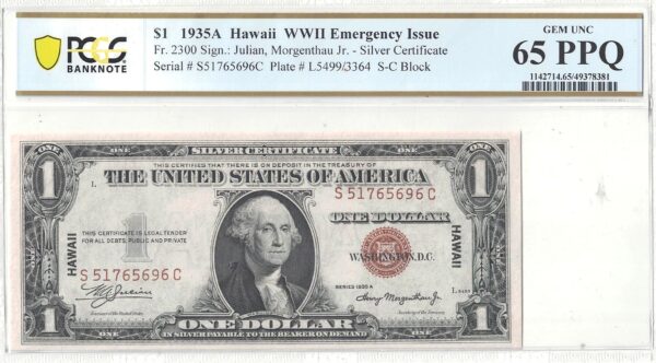 1935-A $1 Hawaii Fr-2300 PCGS Gem CU-65 PPQ - Image 2