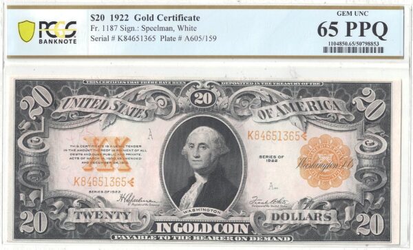 1922 $20 Gold Certificate Fr-1187 PCGS Gem CU-65 PPQ - Image 2