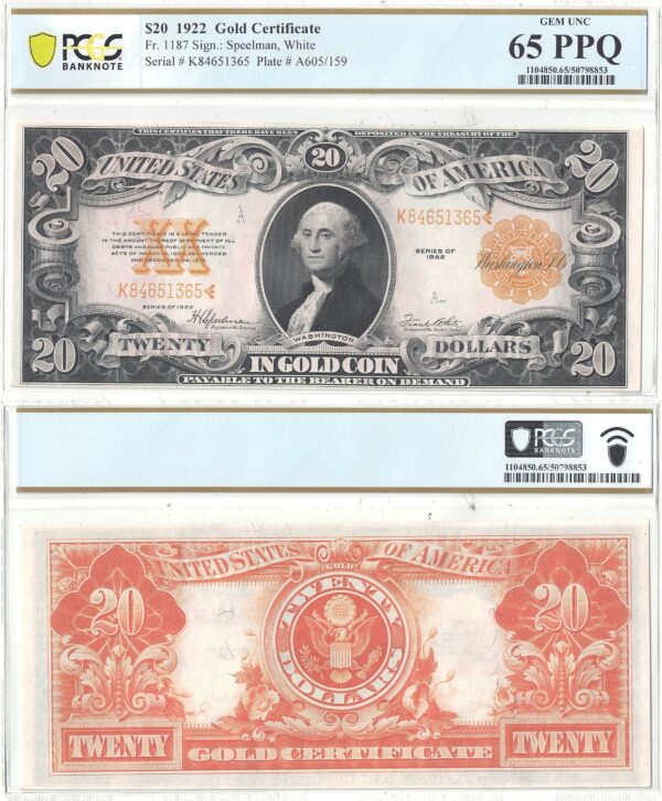 1922 $20 Gold Certificate Fr-1187 PCGS Gem CU-65 PPQ