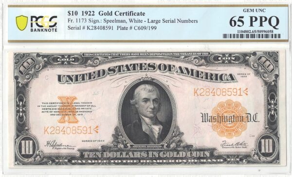 1922 $10 Gold Certificate Fr 1173 PCGS Gem CU-65 PPQ - Image 2