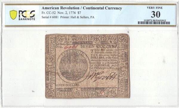 11/2/1776 Seven Dollars Continental Currency Fr CC-52 PCGS VF-30 - Image 2
