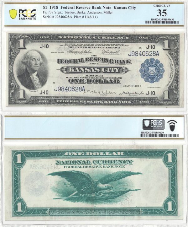 1918 $1 Federal Reserve Bank Note Fr-737 PCGS VF-35