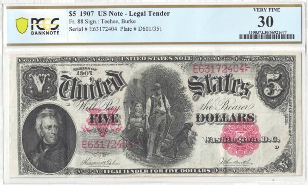 1907 $5 Legal Tender Note Fr-88 PCGS VF-30 - Image 2