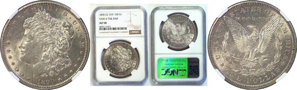 1890-CC Tail Bar.  Morgan Dollar. -  NGC AU-58